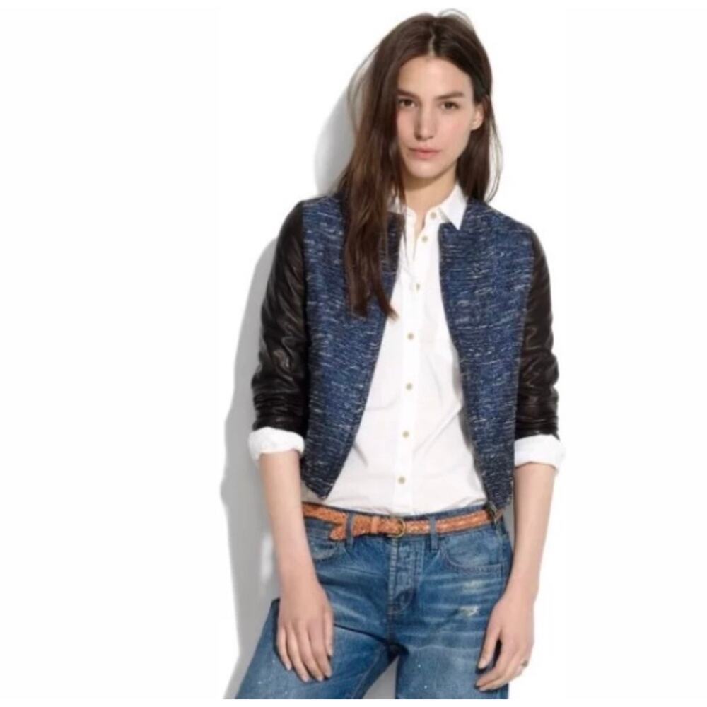 MADEWELL Women’s Shimmerweave Tweed and Leather Zip Up Bomber Jacket